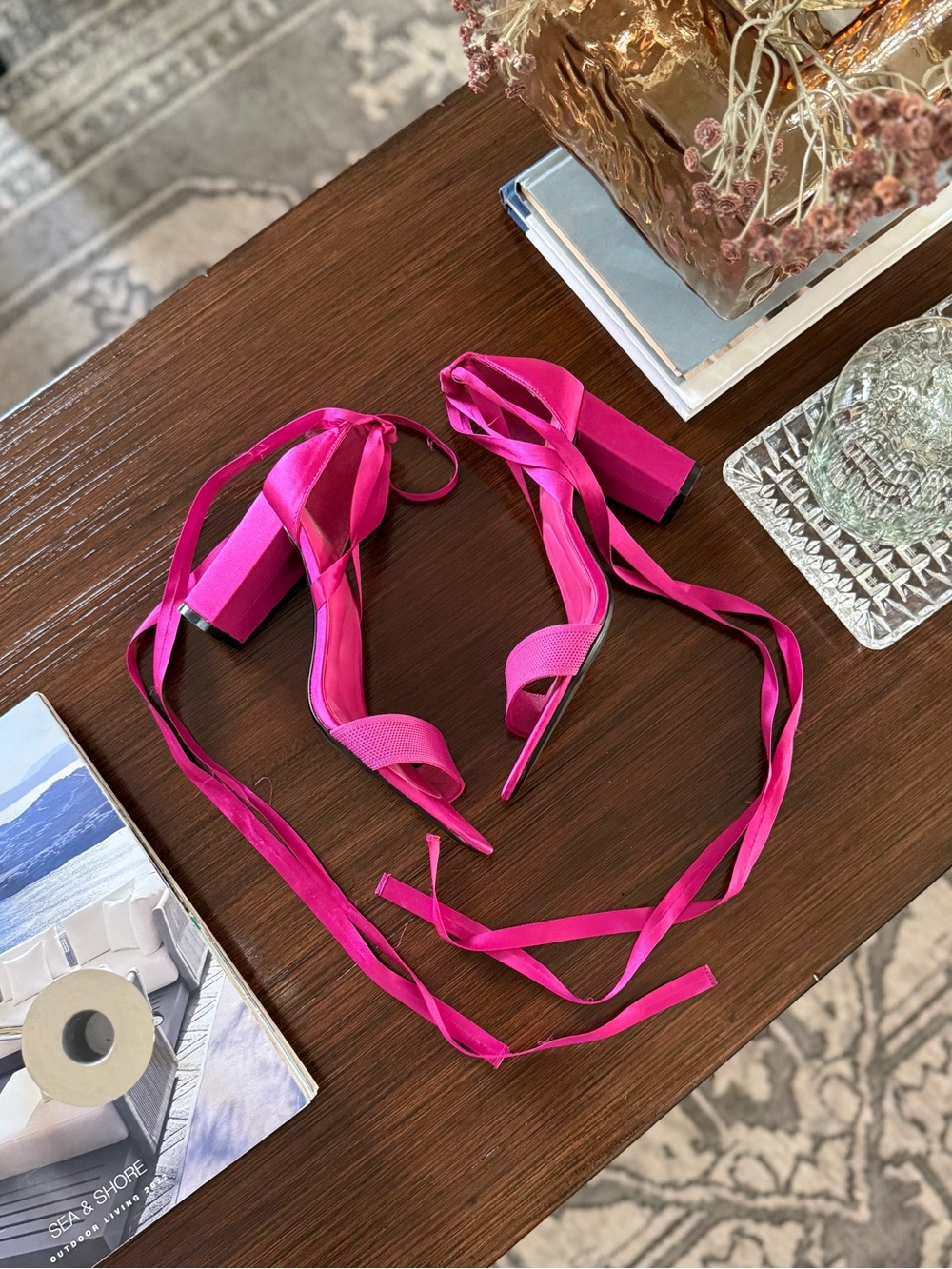 Cosy Island Pink Ribbon Tie Block Heel Sandals